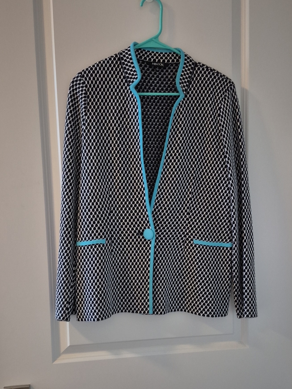 Misook Patterned Black White Turquoise Knit Jacket Small